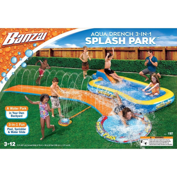 Banzai Aqua Drench 3-in-1 Splash Park w/ Pool, Sprinkler & Waterslide