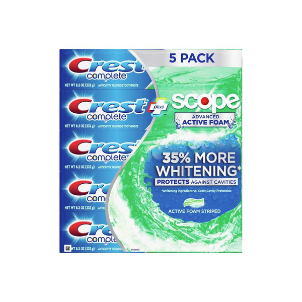 5 Pack Of Crest + Scope Complete Advanced Active Foam 8.2oz Toothpaste Tubes