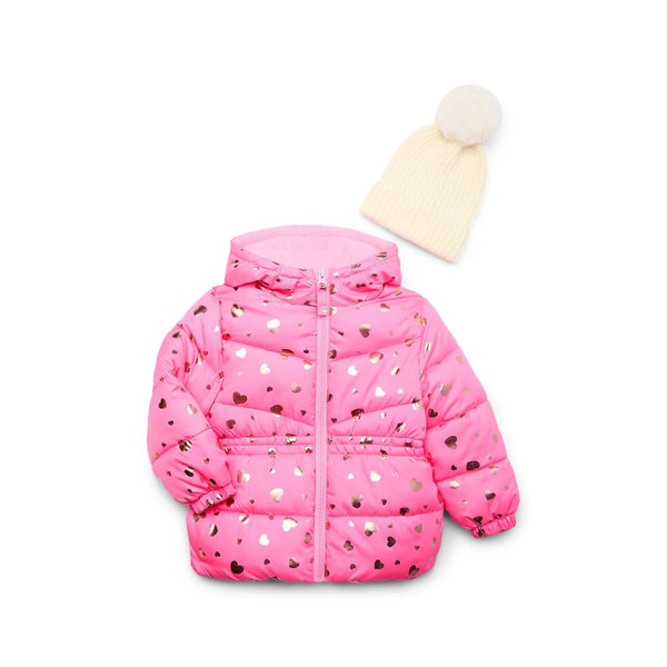 Pink Platinum Toddler Girl Iridescent Foil GWP Puffer with Knit Hat