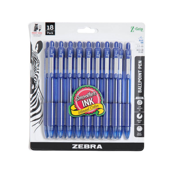 18-Pack Zebra Pen Z-Grip Retractable Ballpoint Pens, Blue Ink