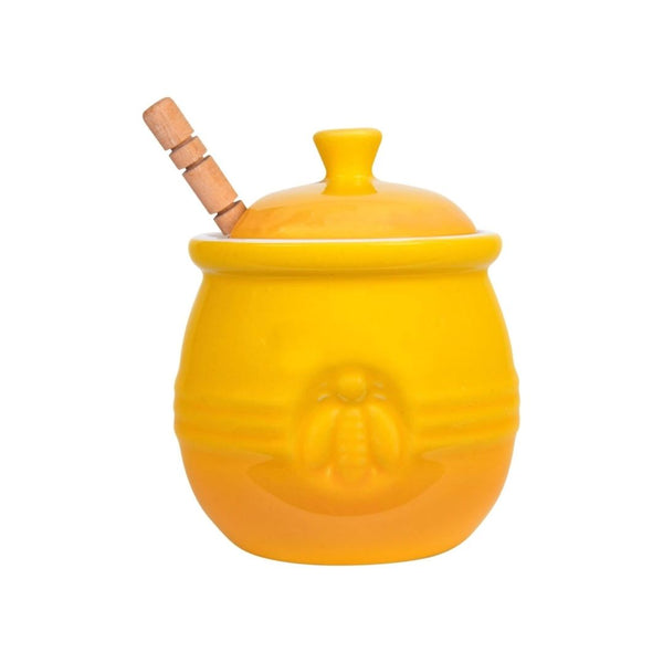Creative Co-Op Stoneware Yellow Honey Pot with Wood Dipper