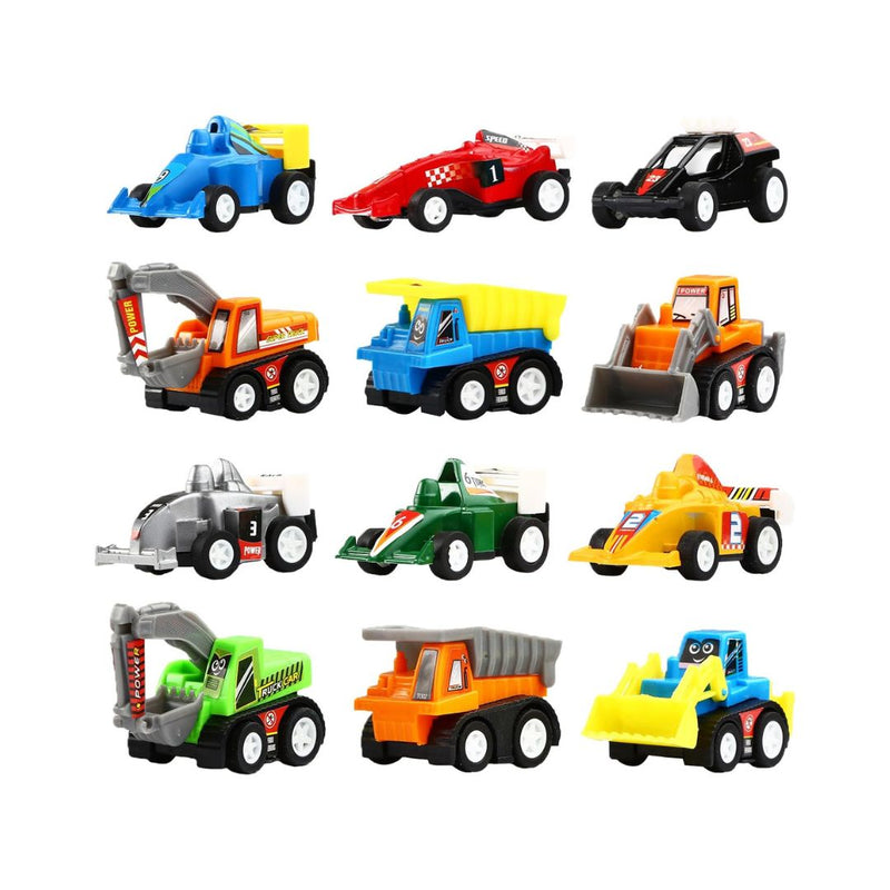 12-Pack Mini Assorted Construction Vehicles and Race Car Toy