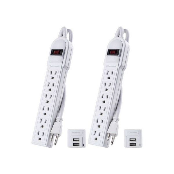 2 Pack Of CyberPower 6-Outlet Surge Protectors With 2 Dual USB-A Chargers