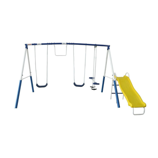 Metal Swing Set with Fun Glider, Bench Swing Seats, Trapeze, Wave Slide