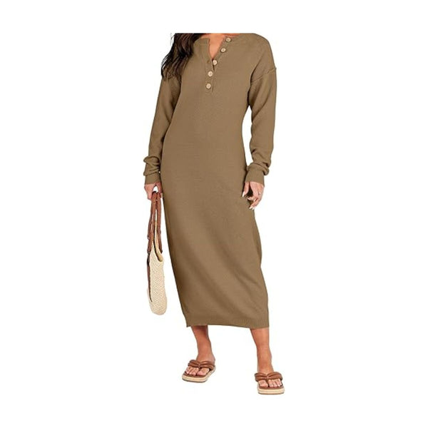 Women’s Long Sleeve Button V Neck Loose Fit Waffle Knit Sweater Dress