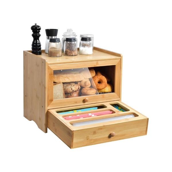 Bamboo Bread Box with Storage Bags Organizer