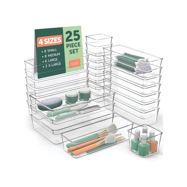 25-Pcs Clear Plastic Drawer Organizers Set