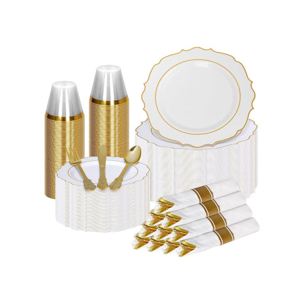 350-Pcs Elegant Gold Plastic Dinnerware Set with Pre-Rolled Napkins and Cutlery