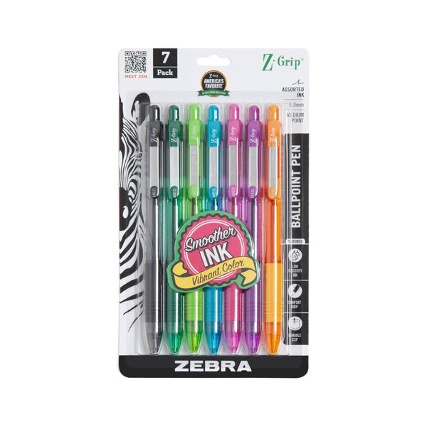 7-Pack Zebra Pen Z-Grip Retractable Ballpoint Pens, Assorted Fashion Colors
