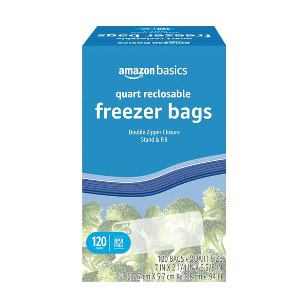 120-Ct Amazon Basics Reclosable Stand & Fill Freezer Quart Bags