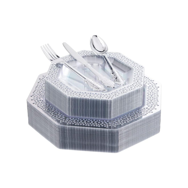 150 Pcs Silver Clear Plastic Disposable Dinnerware Set