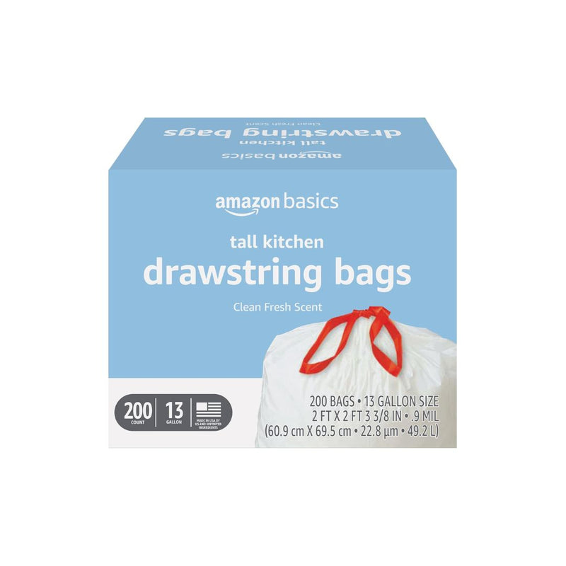 200-Count Amazon Basics Kitchen Drawstring Trash Bags, 13 Gallon