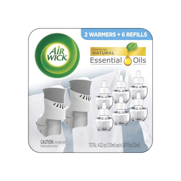 Air Wick Plug in Scented Oil Starter Kit, 2 Warmers + 6 Refills, Fresh Linen