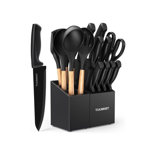 18-Pcs Kitchen Knife with Block and Sharpener, Kitchen Utensils Set