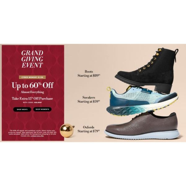 Save 60% Off + 15% Off! from Cole Haan Cyber Monday Sale