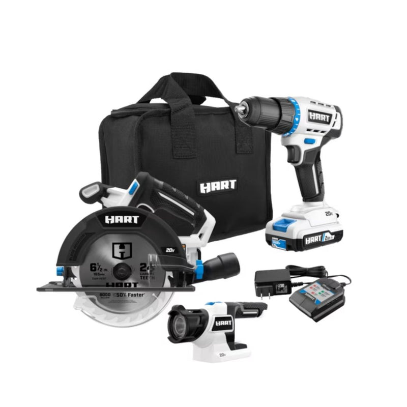 HART 20V 3-Tool Combo Kit, Drill, 6-1/2-In Circular Saw, and LED Light 1 Each