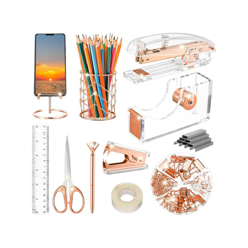 11 Pcs Rose Gold & Acrylic Office Supplies Desk Accessories Set