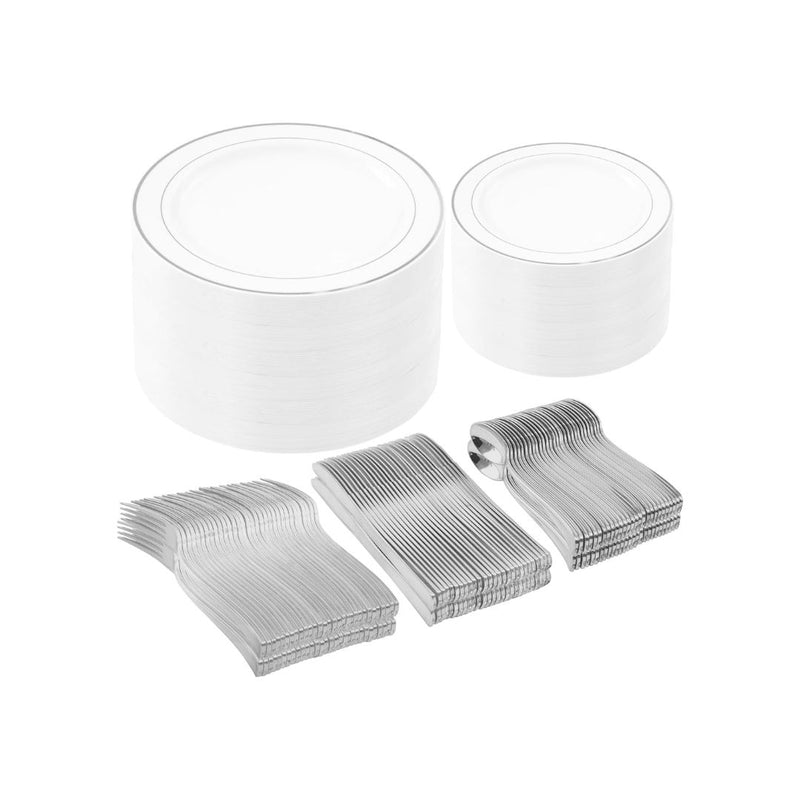 250-Pcs Silver Plastic Dinnerware Set