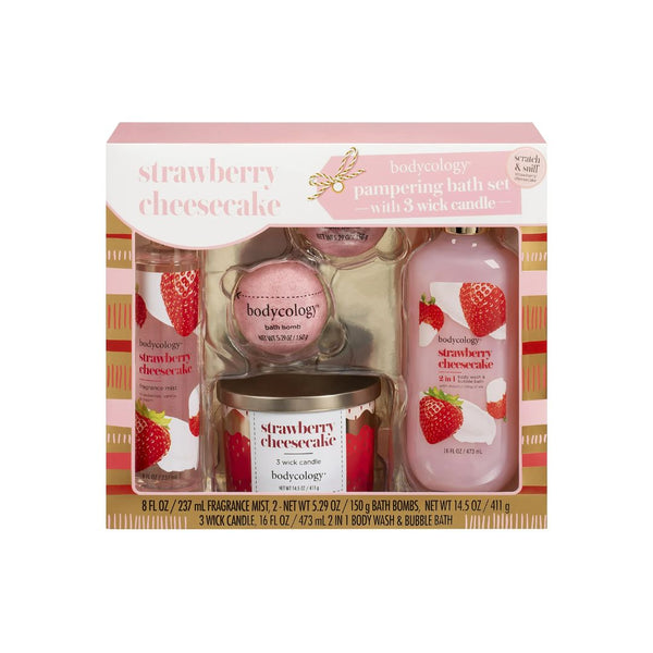 Bodycology Strawberry Cheesecake Pampering Bath Set with 3 Wick Candle