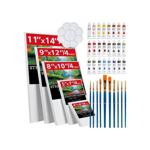 Set of 20 Canvases for Painting Set with 4 of Each 10 Brush, 24x12ml Acrylic Paints, 1Pallet