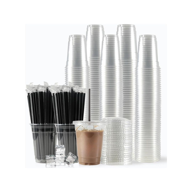 200 Sets of 12oz Plastic Cups with Lids and Straws