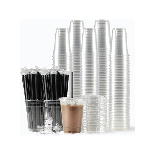 200 Sets of 12oz Plastic Cups with Lids and Straws