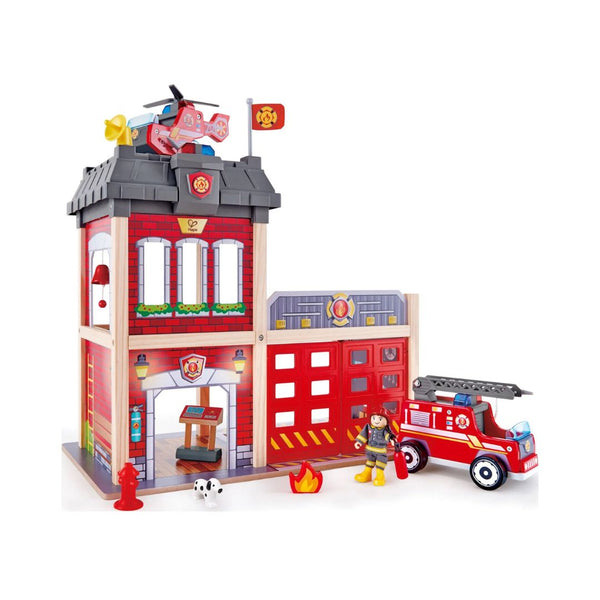 Hape City Fire Station Dollhouse Wood Playset, 13 Pieces