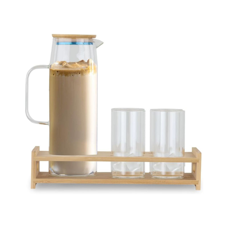 Glass Pitcher Set with Glasses Bamboo Base and Lid