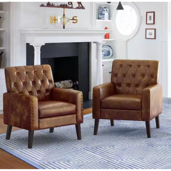 Set of 2 Faux Leather Mid Century Modern Button Tufted Accent Chairs