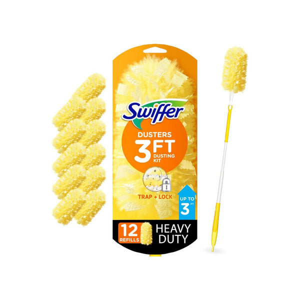 Swiffer Duster Heavy Duty Dusting Kit, 3 ft Extended Handle, 1 Duster, 12 Refills