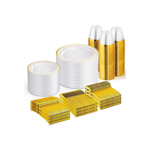 600 PCS Gold Disposable Dinnerware Set