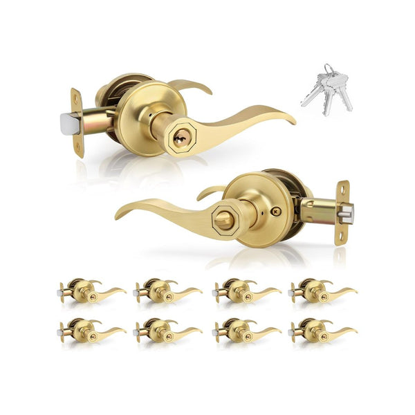 10 Pack Brushed Gold Wave Door Lever Handles with Keys