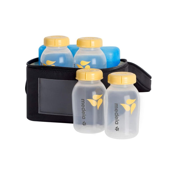 Medela Breast Milk Storage Cooler Bag with Contoured Ice Pack, 4 Bottles and Lids
