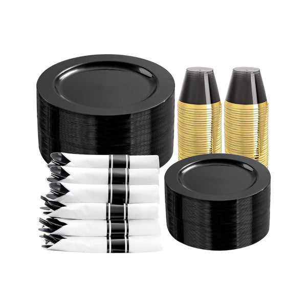 350-Pcs Plastic Disposable Dinnerware Set with Pre-Rolled Napkins & Cutlery