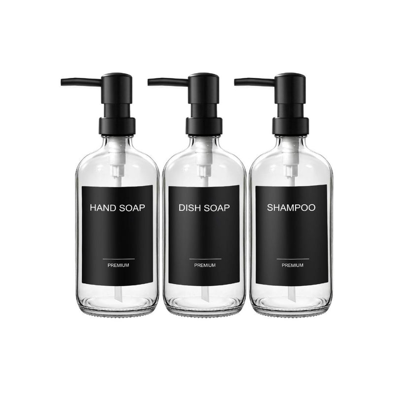 3-Pack Glass Soap Dispenser Set with Labels