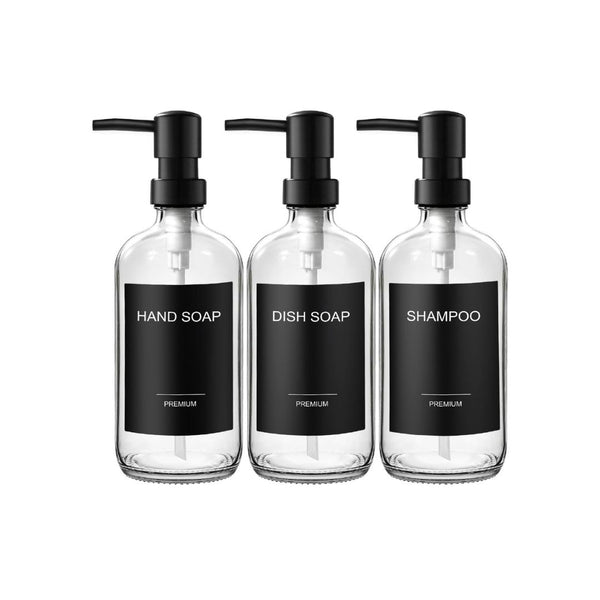 3-Pack Glass Soap Dispenser Set with Labels
