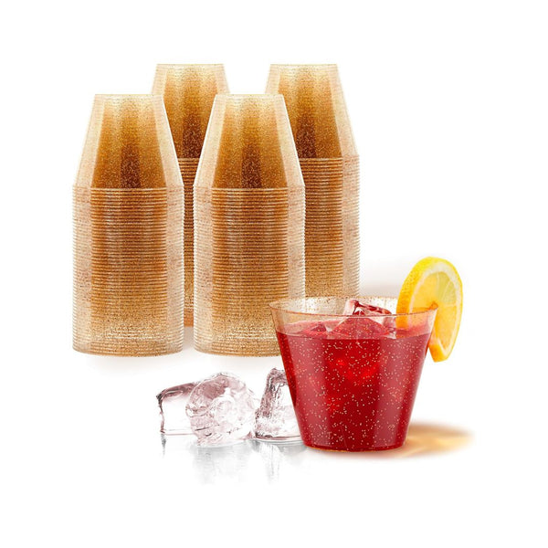 100-Pack 9oz Gold Glitter Plastic Cups