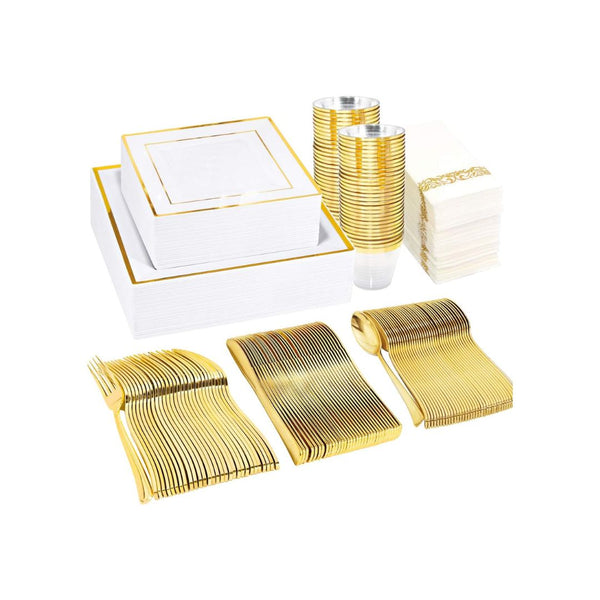 300-Pcs Square Plastic Disposable Dinnerware Set