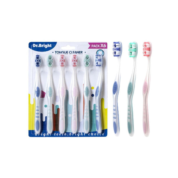 6 Pack DR.BRIGHT Medium Toothbrushes with Tongue Scraper