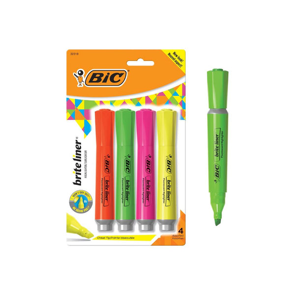 Pack of 4 BIC Brite Liner Highlighters with Rubber Grip
