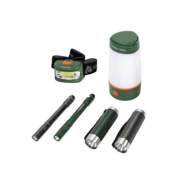 Ozark Trail 6 Piece LED Combo Kit 30 Lumen Flashlight Headlamp Lantern and Penlight Set