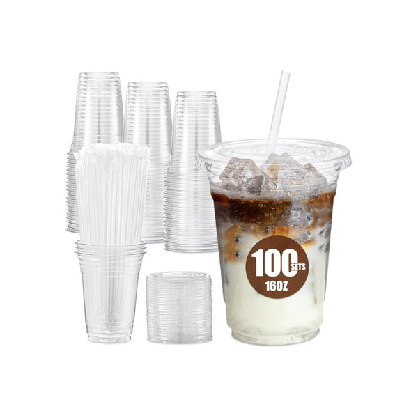 100 Set Plastic Iced Coffee Cups with Lids and Straws