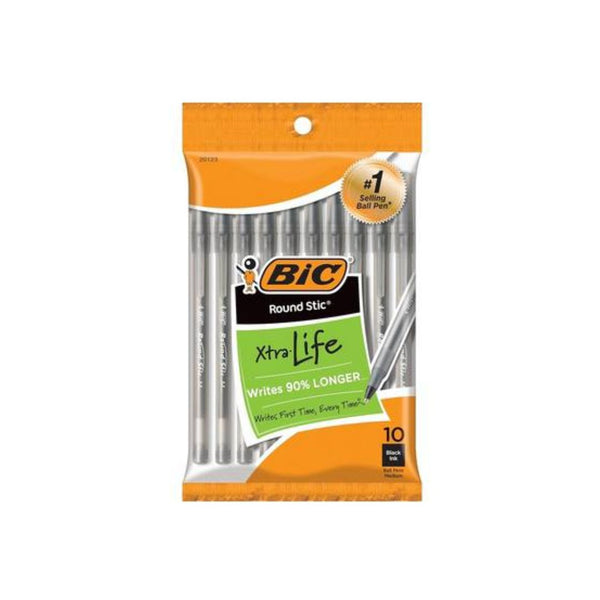 10 BIC Round Stic Xtra Life Black Ballpoint Pens