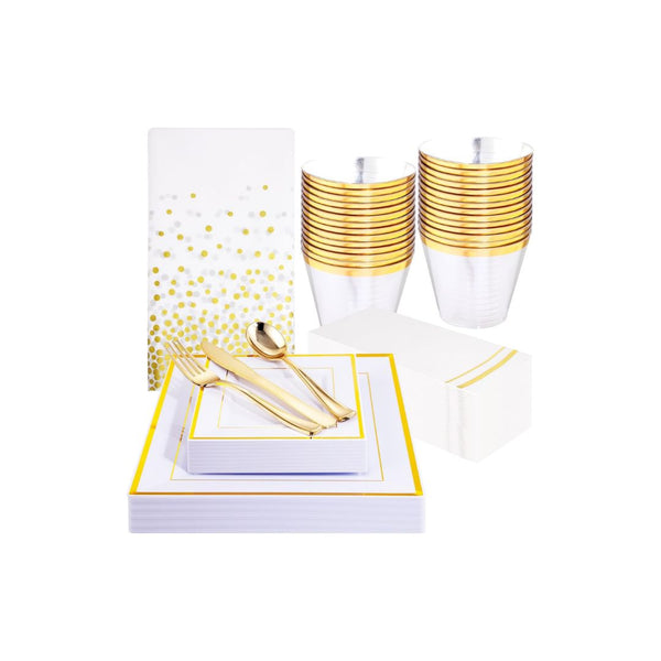 176 Pcs Square Gold Plastic Disposable Dinnerware Set