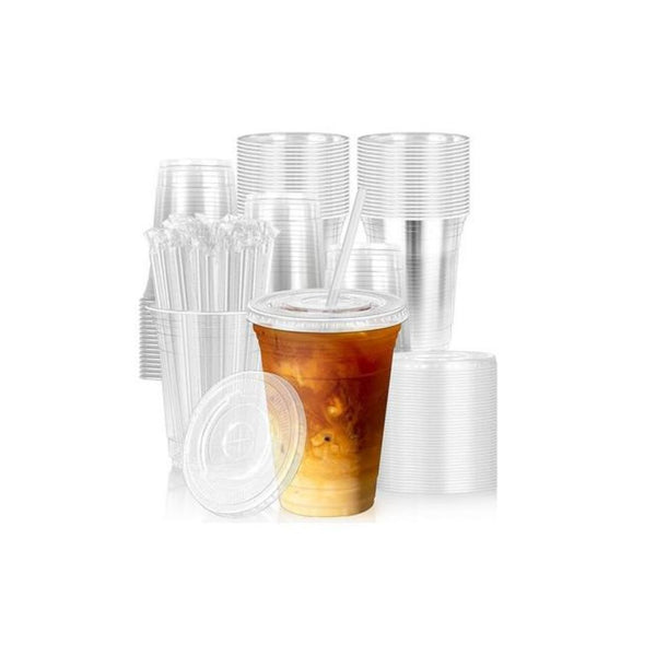 100 Pack 16 oz Disposable Plastic Cups with Lids & Straws