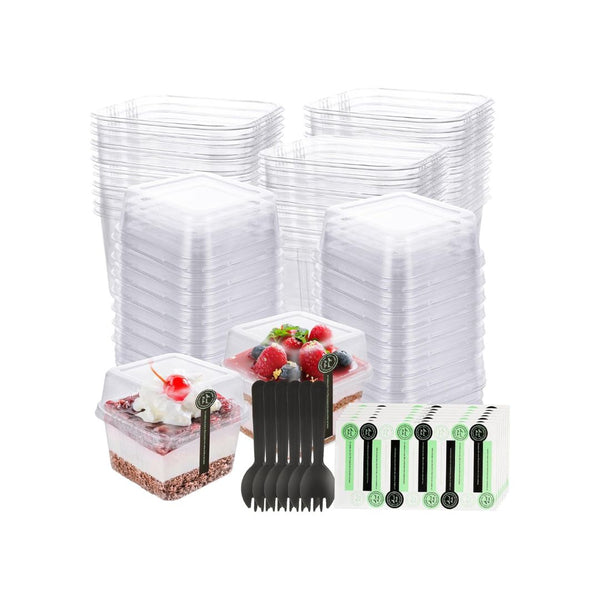 100 Pack 8 oz Plastic Dessert Cups with Lids and Sporks