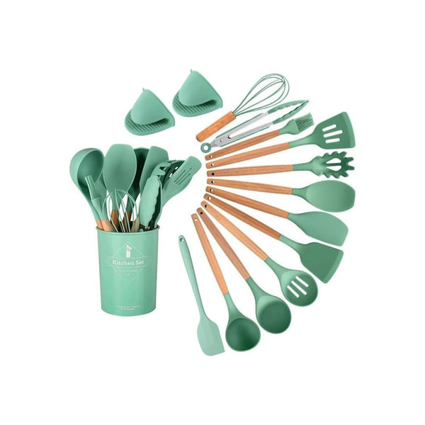 15-Piece Silicone Wooden Handle Kitchen Utensils Set