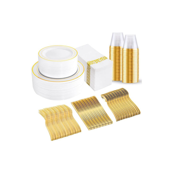 350 Pcs Gold Plastic Dinnerware Set