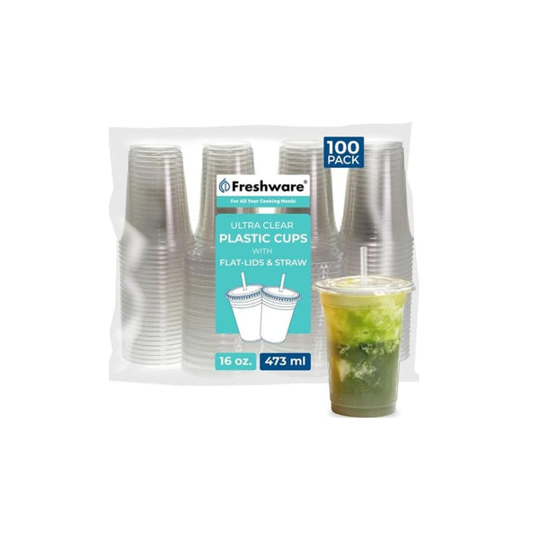 100 Pack of 16oz Cups with Flat Lids and Straws