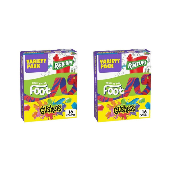 2 Pack of 16 Ct Fruit Roll-Ups, Fruit by the Foot, Gushers Variety Pack